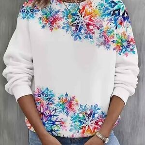 Women's White Crewneck Sweatshirt with Multicolor Snowflake Print